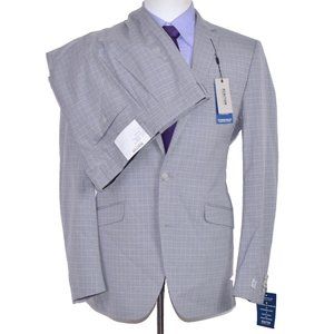 New Kenneth Cole Plaid Check Mens 2pc Gray Suit Jacket Size 40-L Pant Sz 33x32